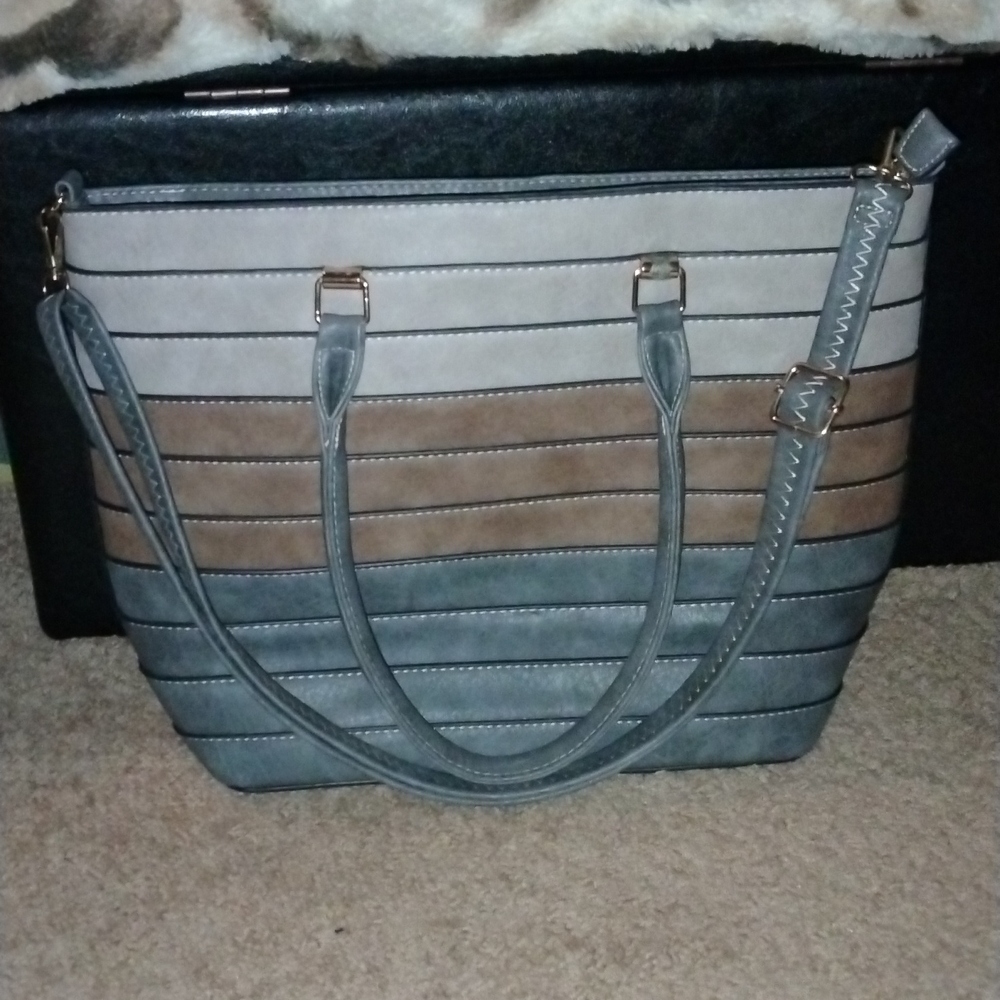 Large (Gray) Faux Leather Striped Double Strap Crossbody Convertible Tote Bag